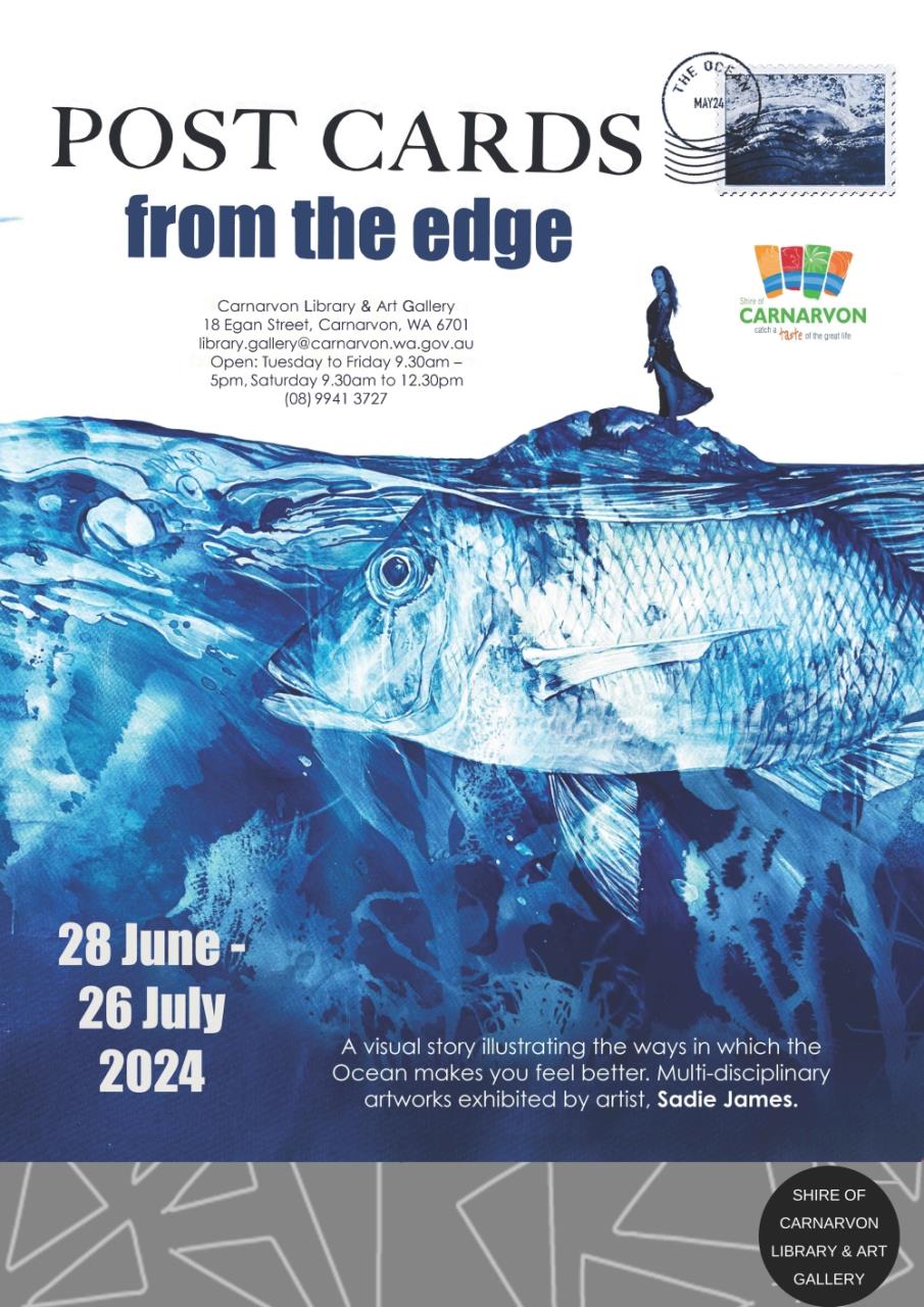 giant blue fish with artist Sadie James standing astride it