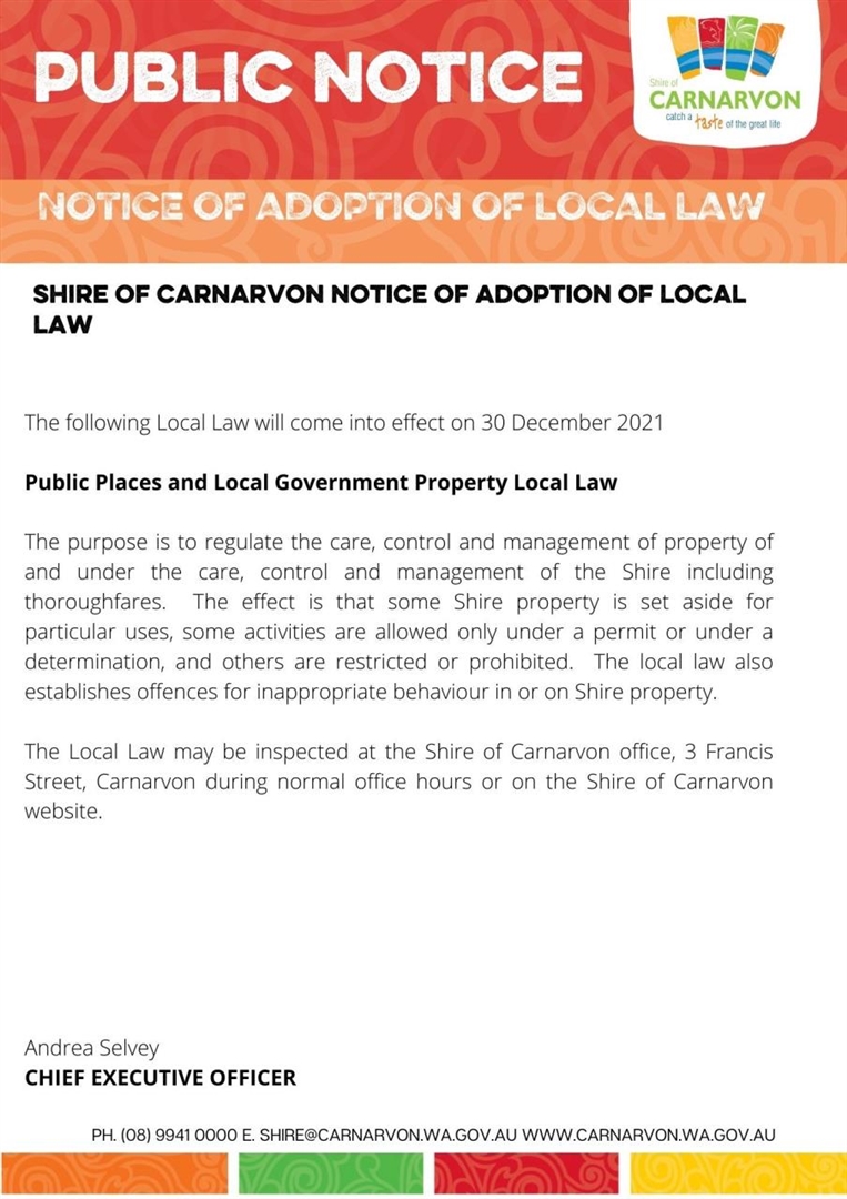 Notice of Adoption of Local Law